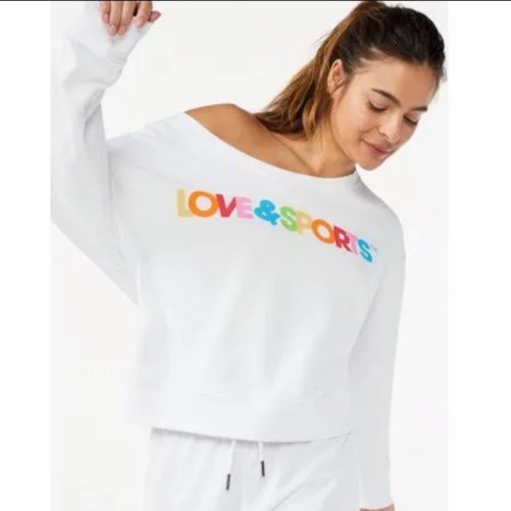 NEW Love & Sports Women's White Cropped Logo Sweatshirt Size Large